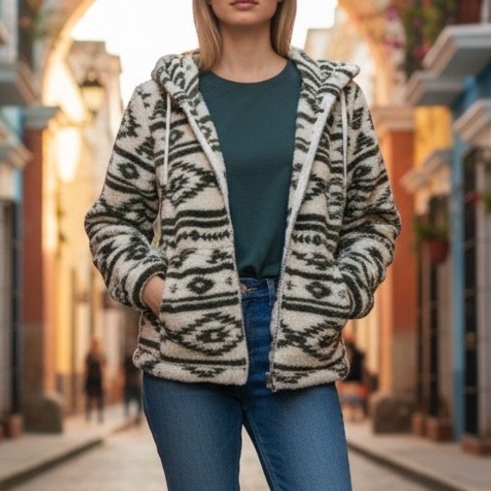 Chaser Sherpa Hooded Sweater Jacket Zip Up Southwestern Print Size Small